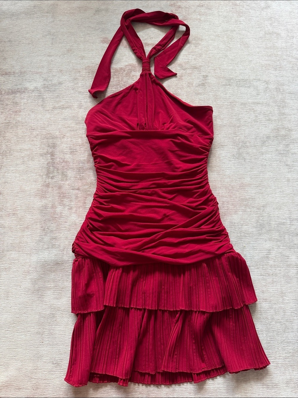 BCBGMaxAzria Red Halter Ruched Tiered Mini Dress Small - Picture 1 of 7